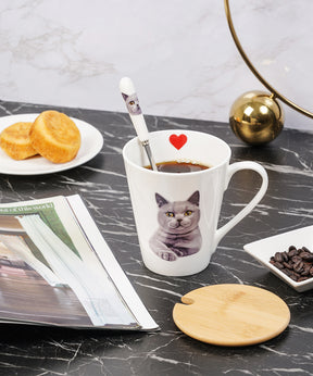 Pet Portrait Porcelain Water Cup with Lid & Spoon - Chartreux on table