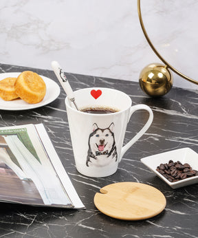 Pet Portrait Porcelain Water Cup with Lid & Spoon - Husky on table