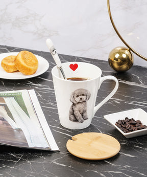Pet Portrait Porcelain Water Cup with Lid & Spoon - Poodle(Grey) on table