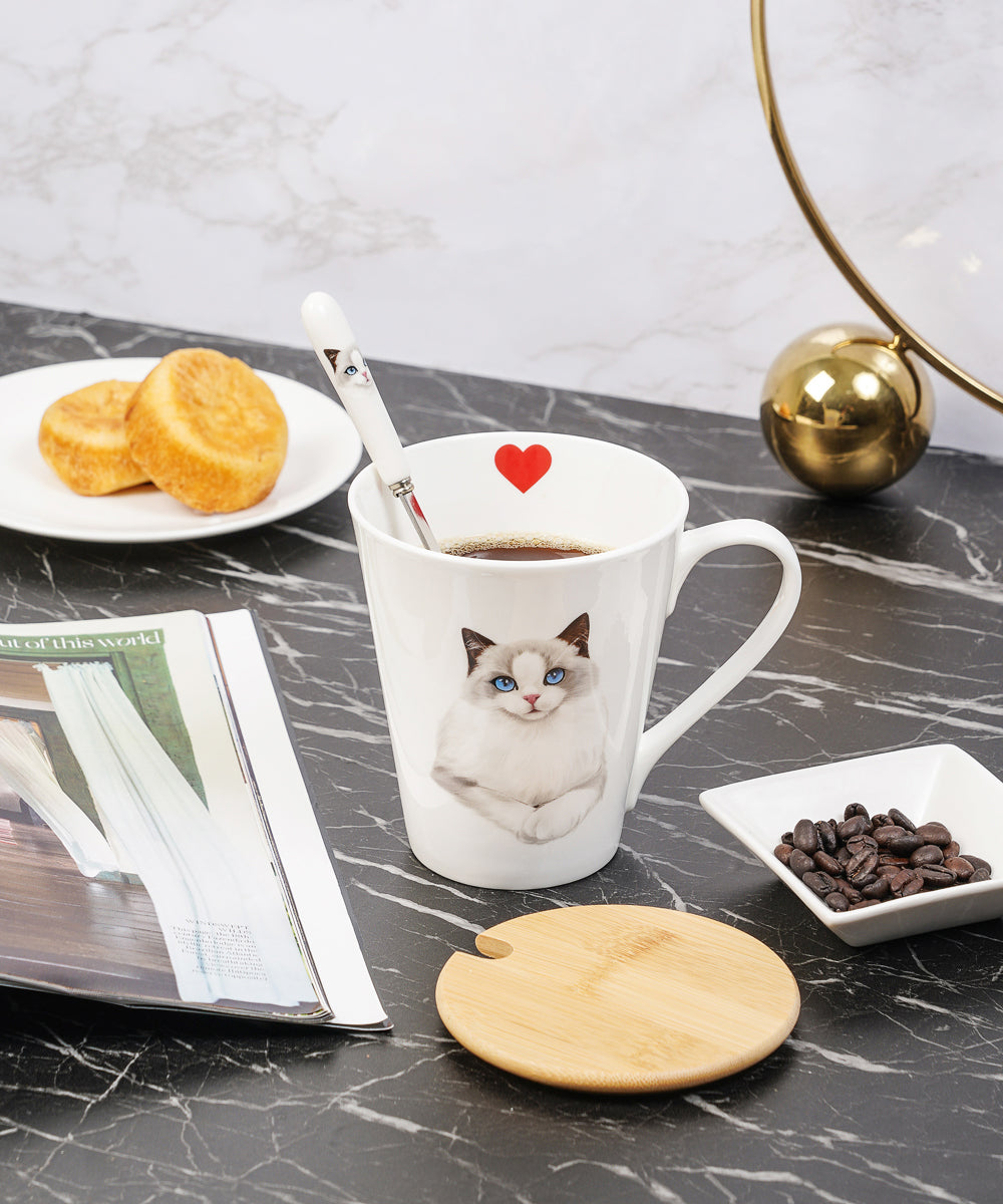 Pet Portrait Porcelain Water Cup with Lid & Spoon - Ragdoll on table
