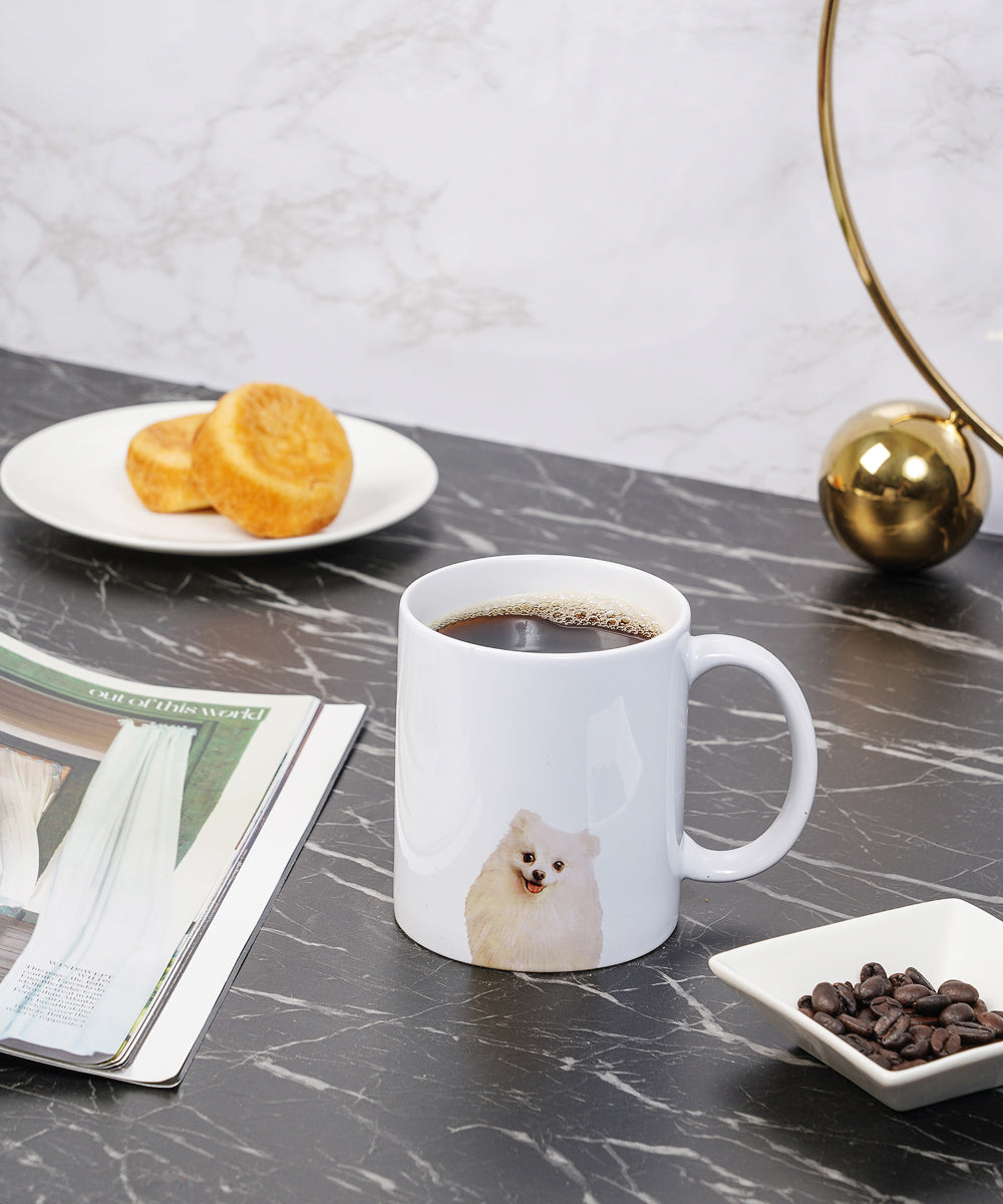Pet Portrait Mug - "I Love" Collection - Pomeranian(White) on table