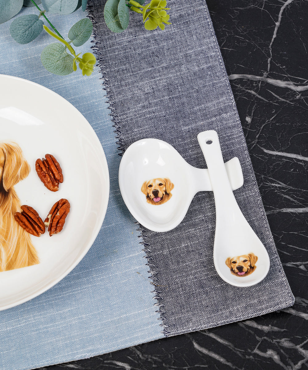 Pet Portrait Porcelain Spoon & Rest Set - Golden Retriever on table