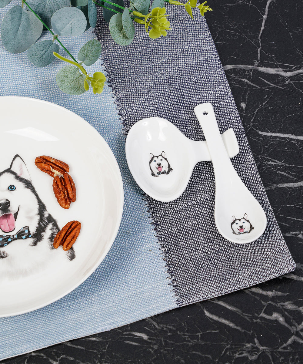 Pet Portrait Porcelain Spoon & Rest Set - Husky on table