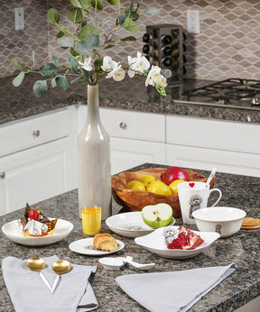 Poodle Grey Pet Portrait Porcelain Dinnerware 11-Piece Set On Kitchen Counter With Food