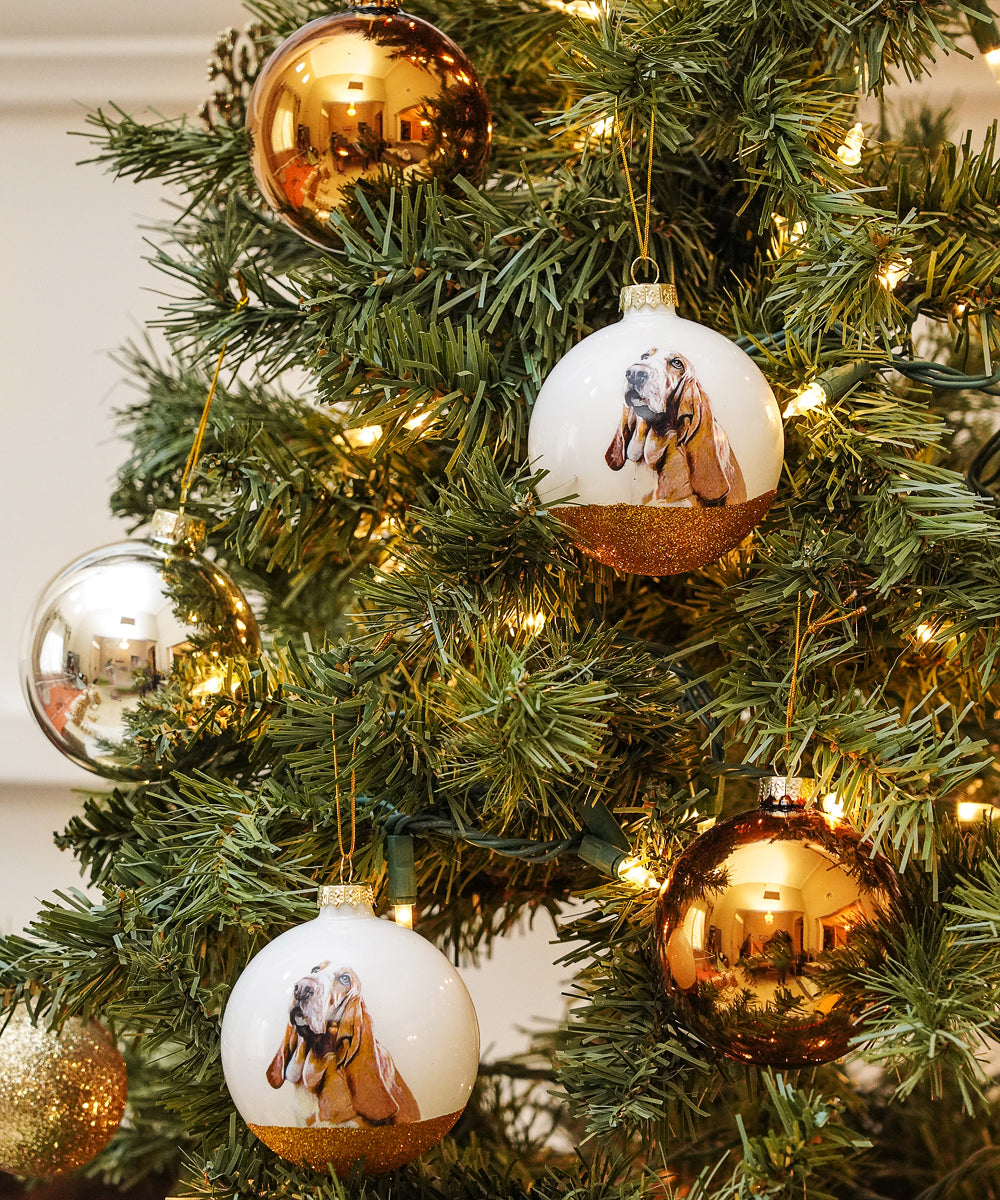 Pet Portrait 9 Pcs Christmas Ball Ornaments Set - Basset Hound on tree
