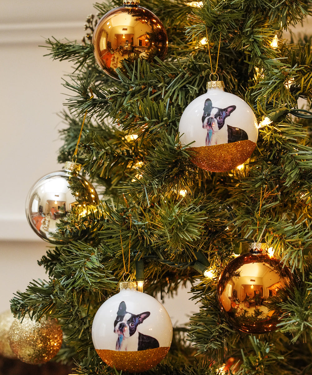 Pet Portrait 9 Pcs Christmas Ball Ornaments Set - Boston Terrier on tree
