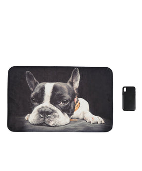 French Bulldog Portrait Mat next to cellphone for size comparison