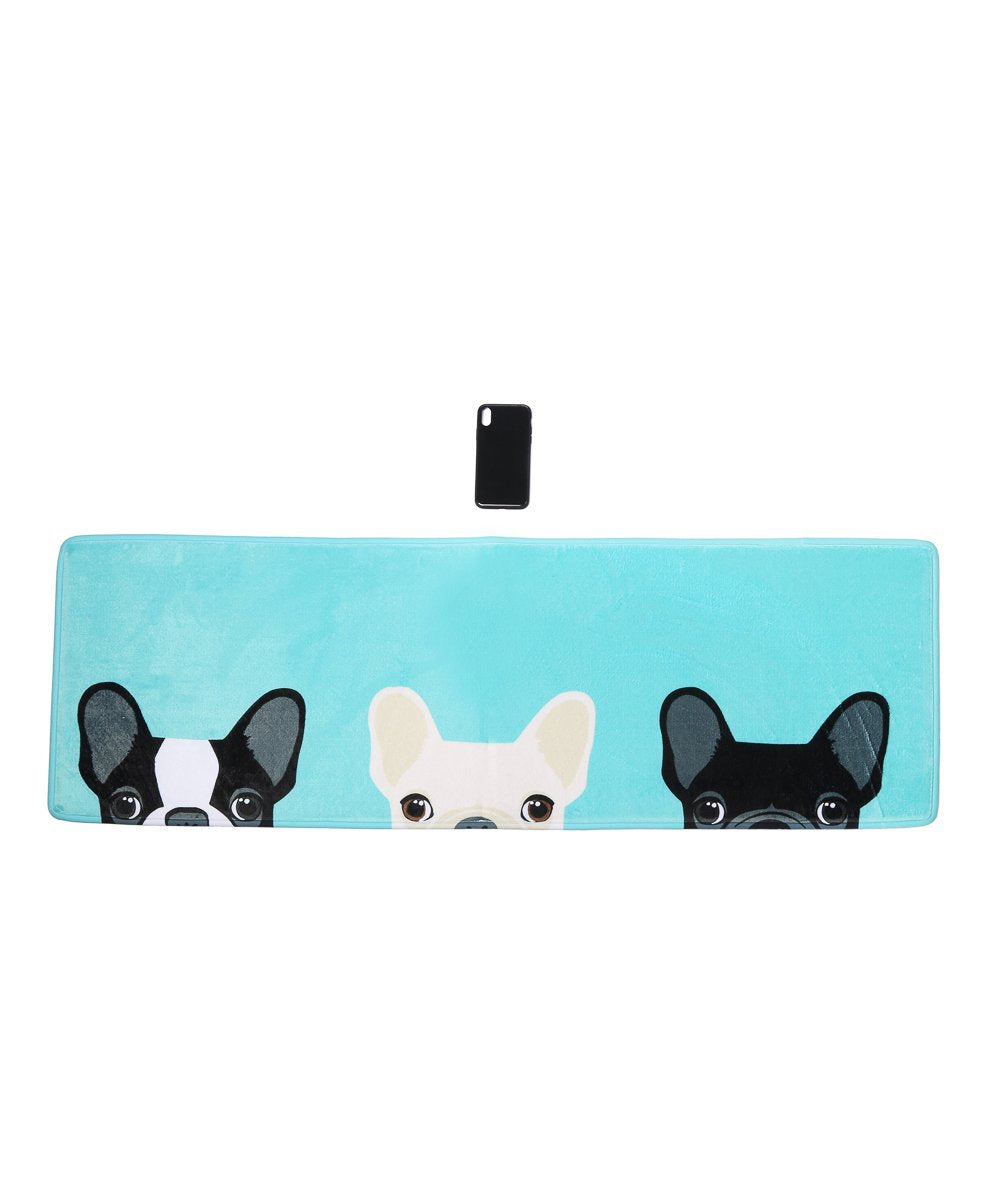 French Bulldog Peeking Long Mat next to cellphone for size comparison