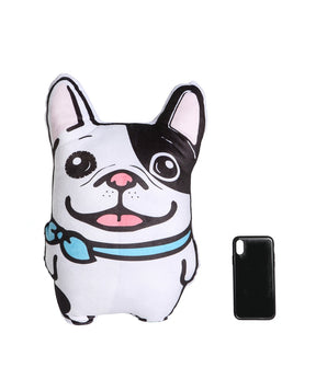 French Bulldog Happy Pillow next to cellphone for size comparison