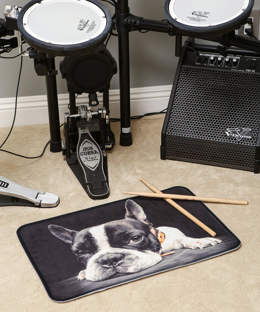 French Bulldog Portrait Mat next to drum set