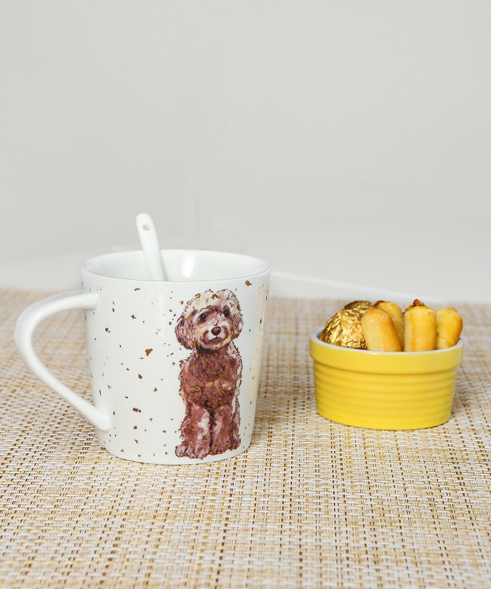 Poodle Gold Shimmer Mug With Spoon on table