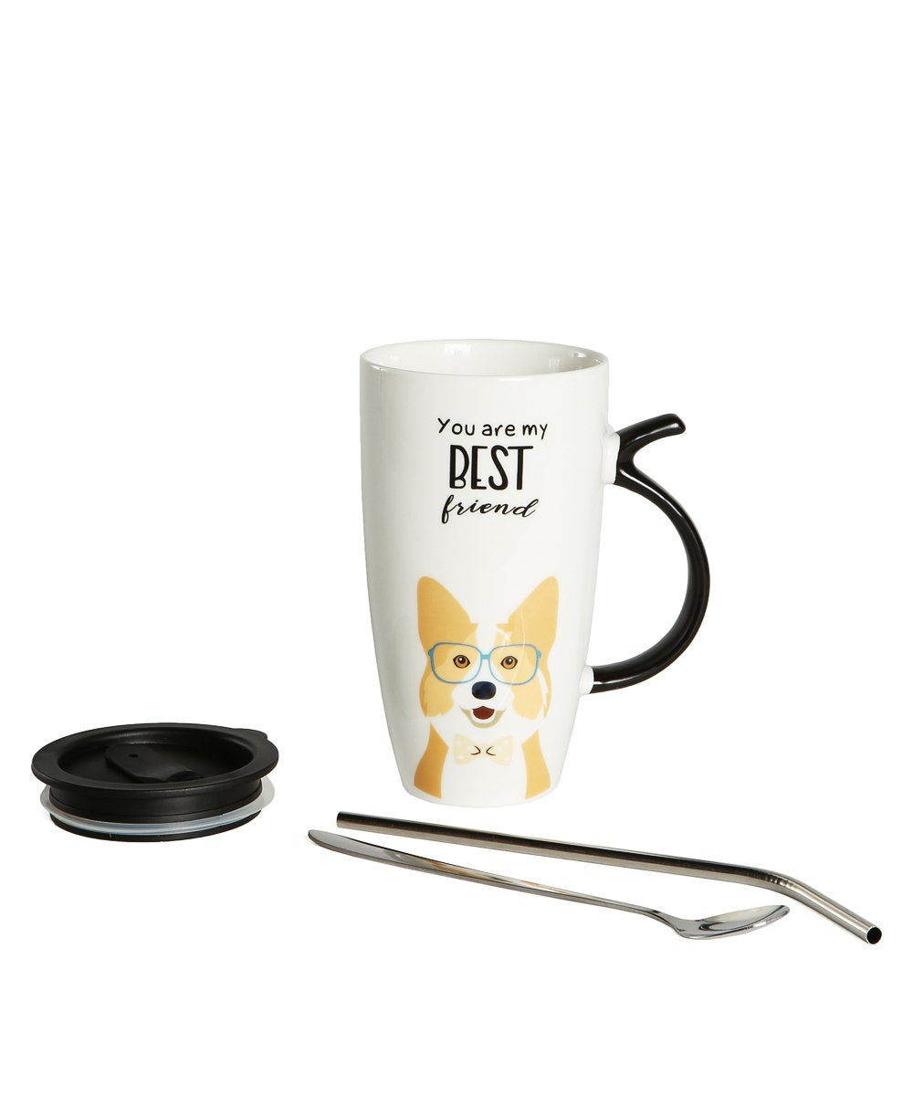 Best Friend Mug Set With Lid with Metal Straw and Spoon Corgi design