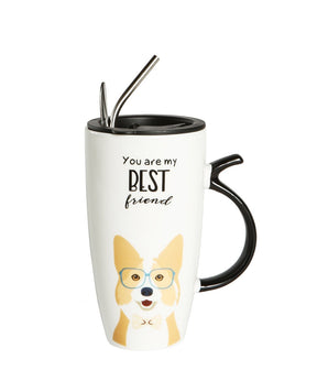 Best Friend Mug Set With Lid, Metal Straw and Spoon Corgi Design white background