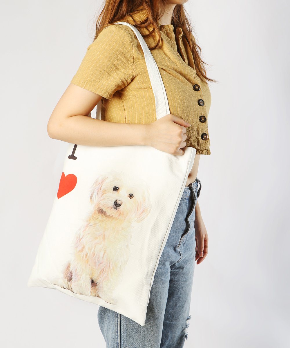 Art Canvas Bag - "I Love" Collection - Maltese bag on model
