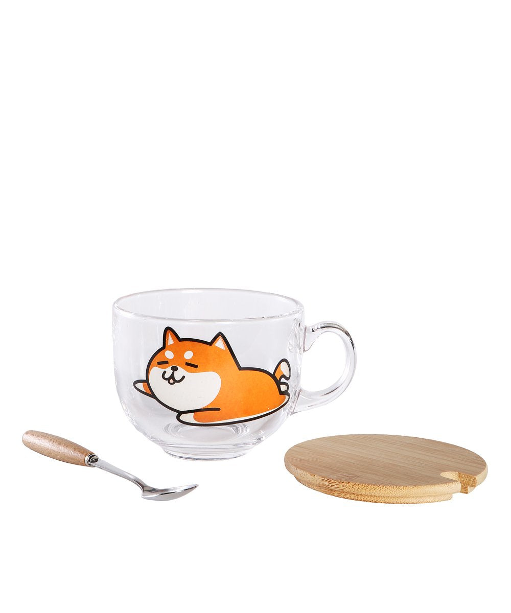 Lovely Shiba Glass Cup with Lid and Spoon