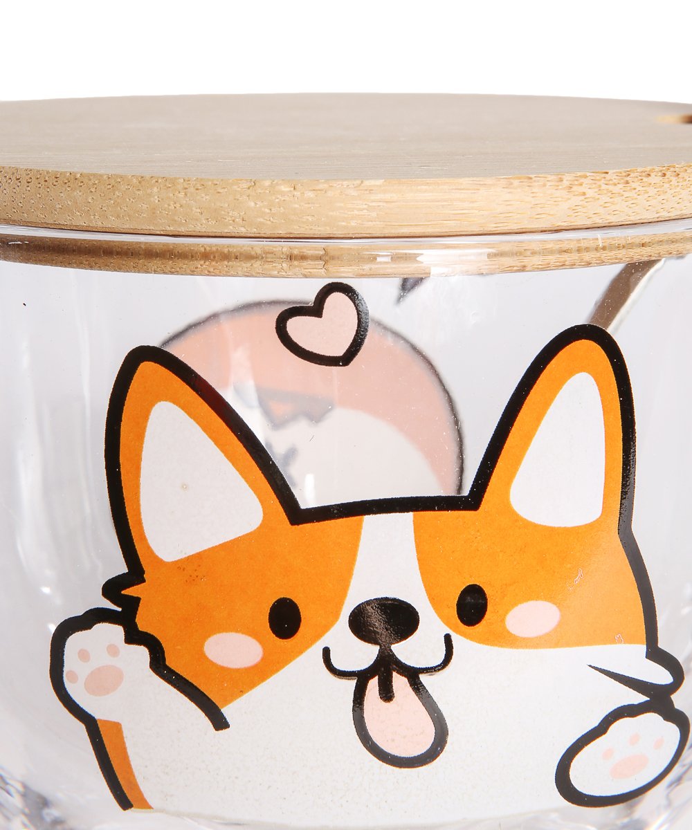 Lovely Corgi Glass Cup with Lid and Spoon