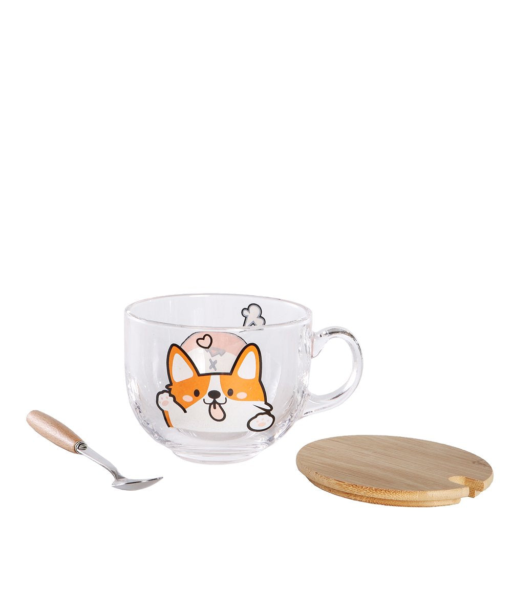 Lovely Corgi Glass Cup with Lid and Spoon