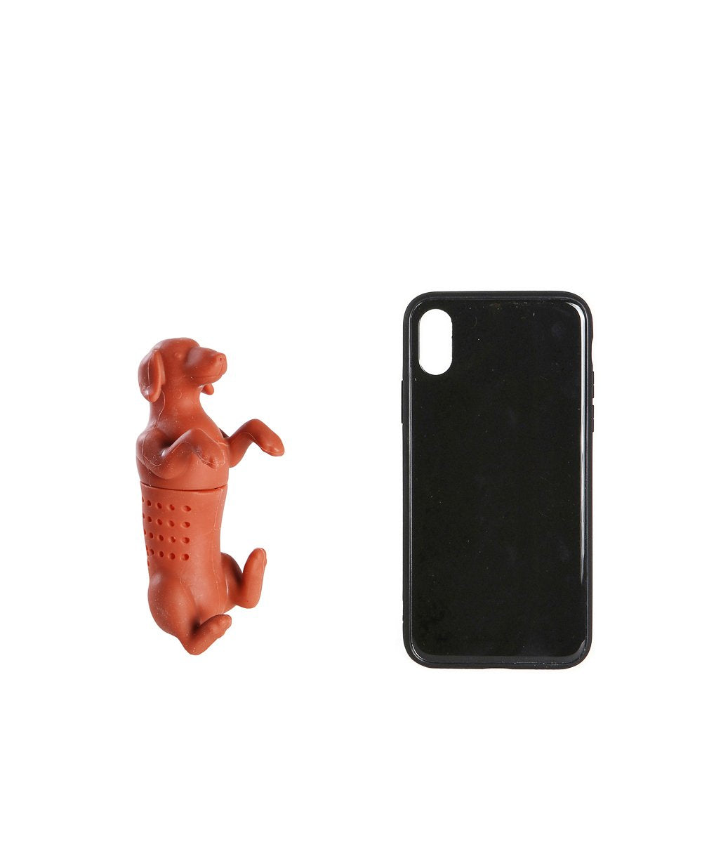 Dachshund Brown Tea diffuser next to phone for size comparison