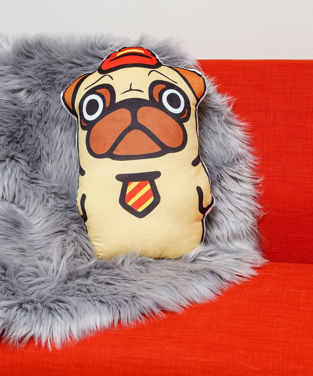 Pug Fast Food Manager Pillow on couch