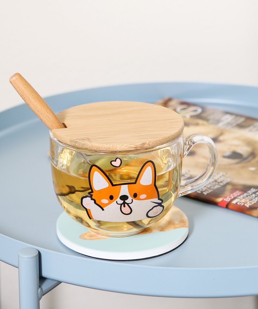 Lovely Corgi Glass Cup with Lid and Spoon on table