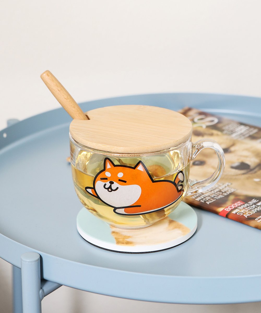 Lovely Shiba Glass Cup with Lid and Spoon
