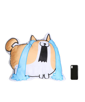 Two-Sides Mixed Emotions / Emojis Corgi Pillow next to phone for size comparison
