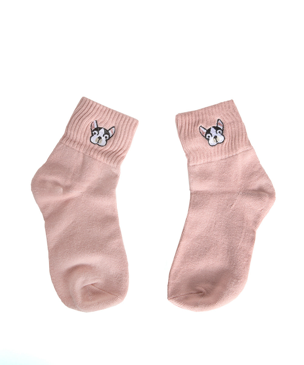 Pink Frenchie Embroidered Socks