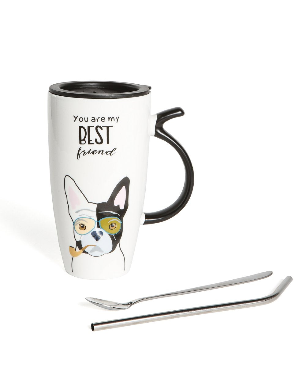 Best Friend Mug French - Bulldog design with spoon and straw