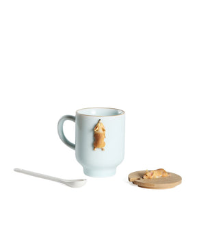 Sleeping Corgi Mug with Wooden Lid and Porcelain Spoon - teal