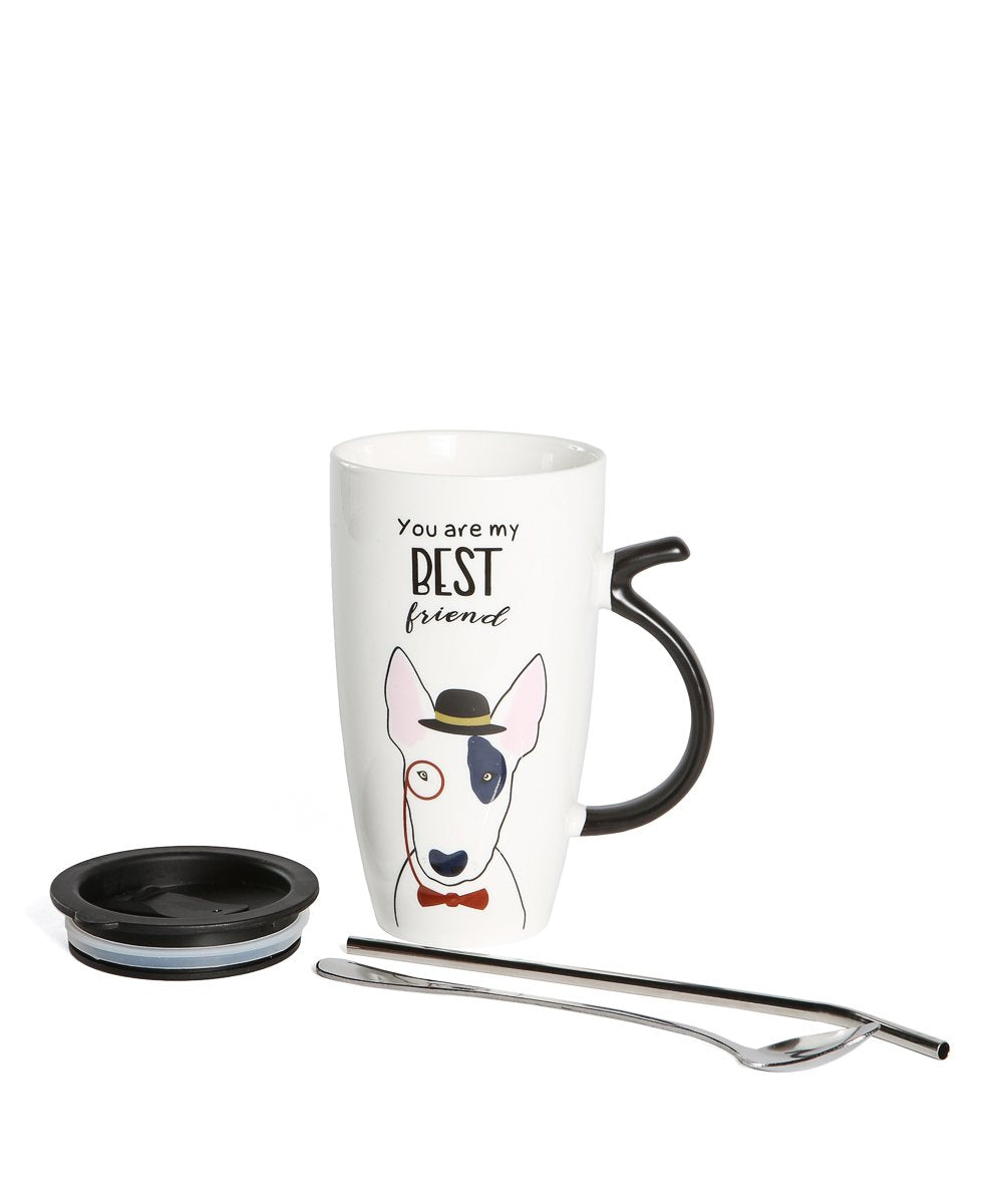 Best Friend Tall Mug - Bull Terrier showing spoon, lid, straw and spoon