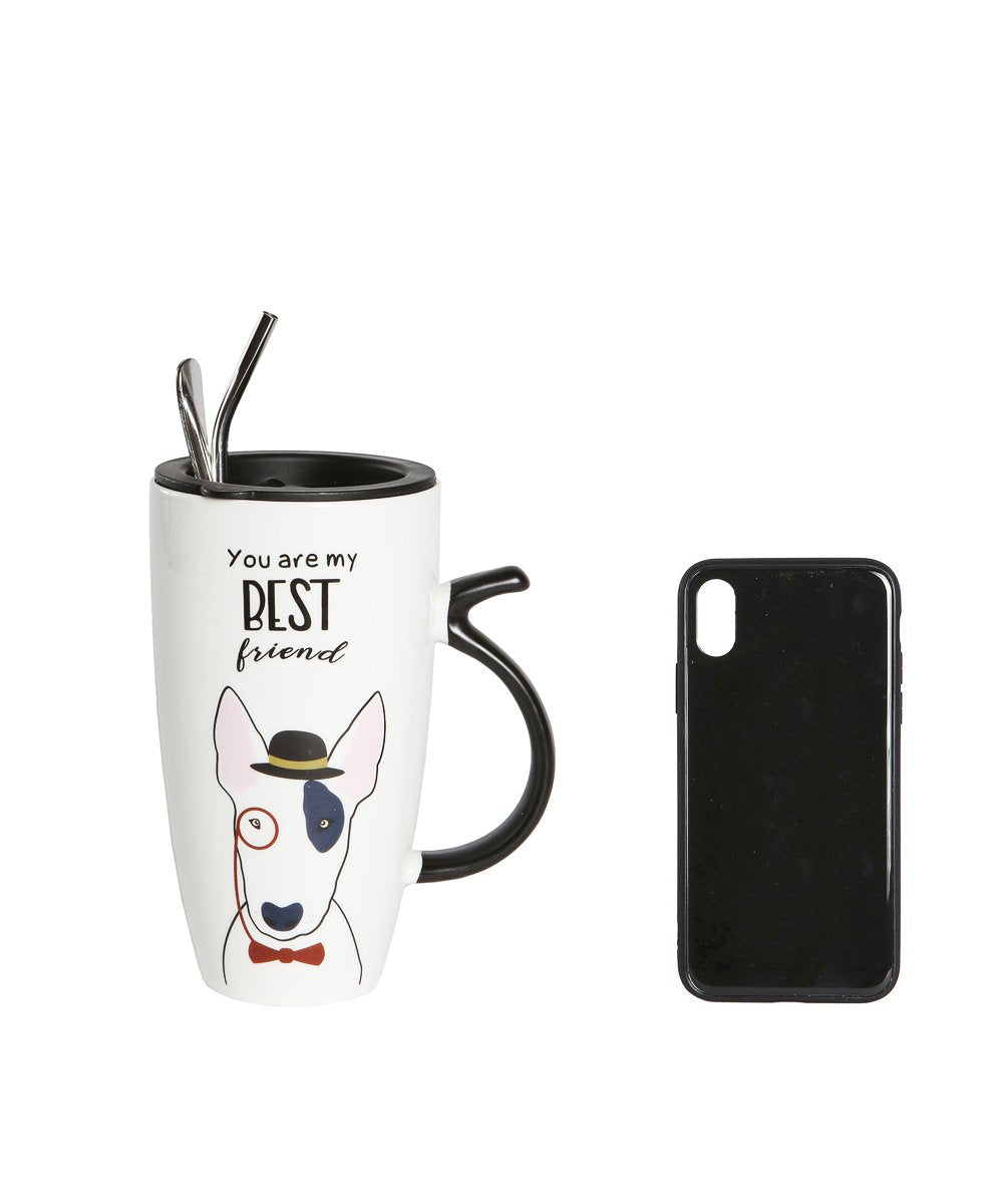 Best Friend Tall Mug - Bull Terrier next to cell phone for size comparison