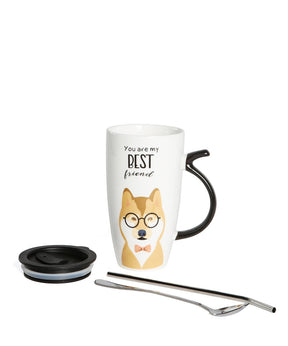 Best Friend Mug Set - Shiba lid, metal straw and spoon