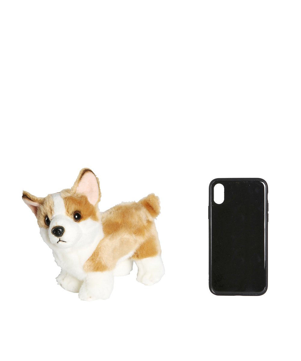 Adorable Corgi Plush next to cell phone for size comparison 
