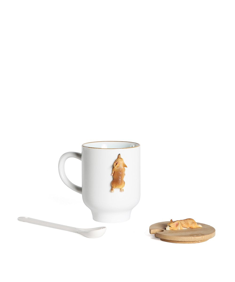 Sleeping Corgi Mug with Wooden Lid and Porcelain Spoon - white