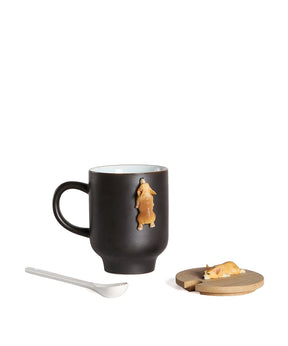 Sleeping Corgi Mug with Wooden Lid and Porcelain Spoon - black