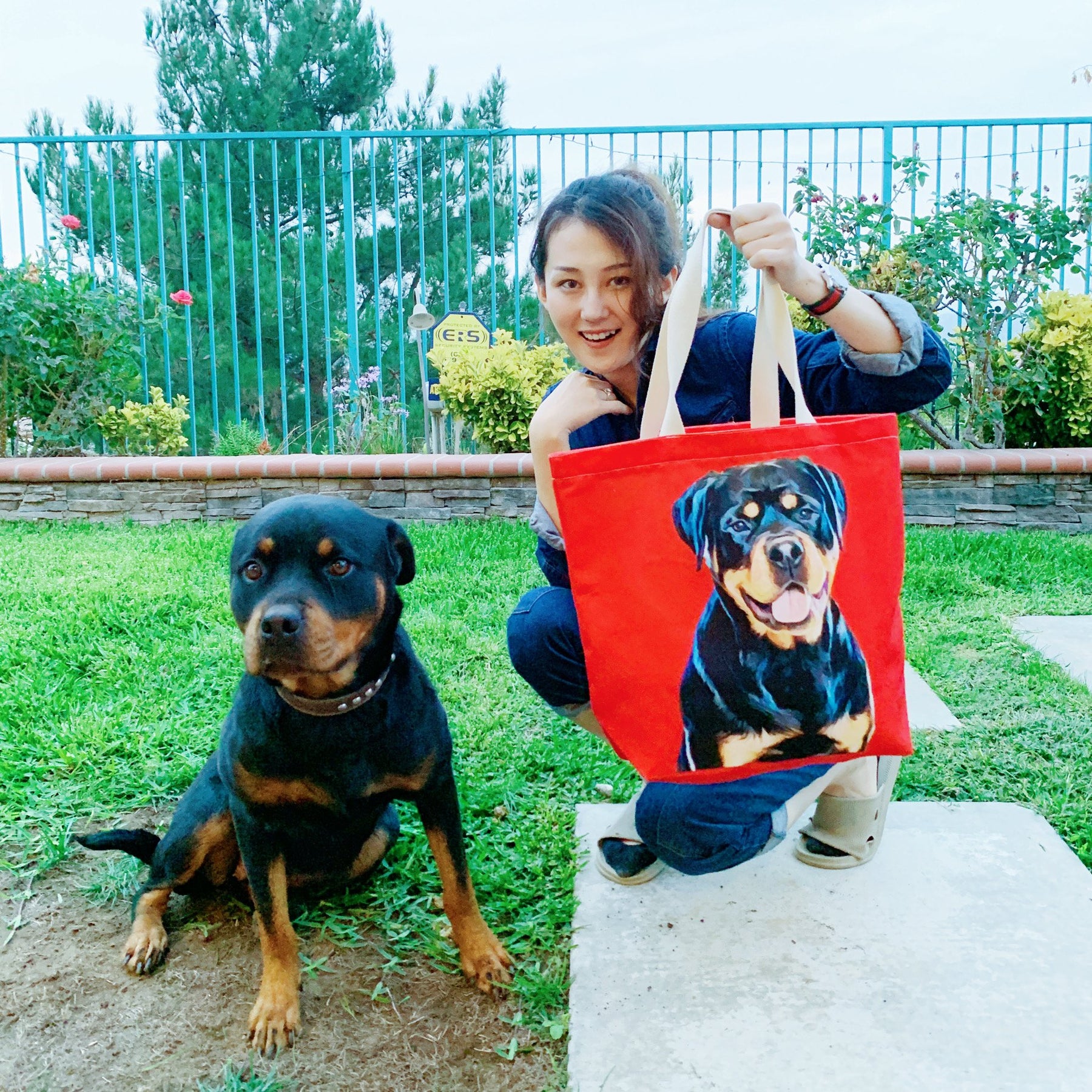 Custom Canvas Bags next to pet with owner