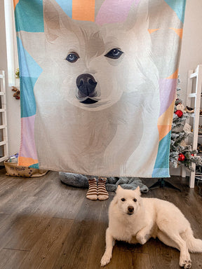 Custom Pet Fleece Blanket next to pet