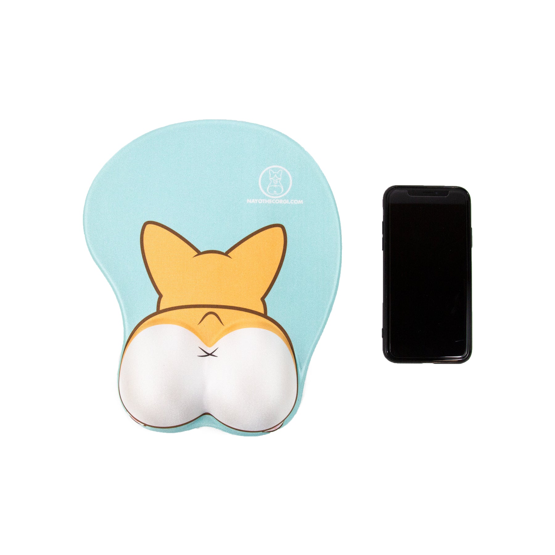 Tan 3D Corgi Butt handrest Mouse Pad Size Comparison With Cell Phone