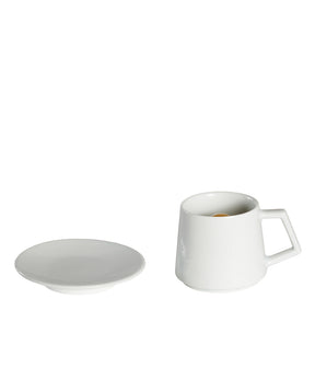 Handmade Chinaware Standing Shiba Inu Coffee Mug with Plate next to plate