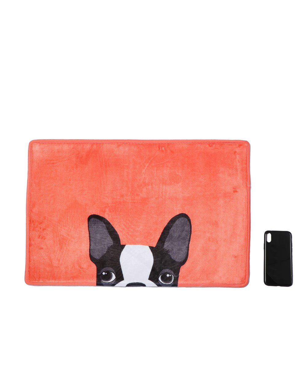 Orange French Bulldog Color Mat next to cellphone for size comparison