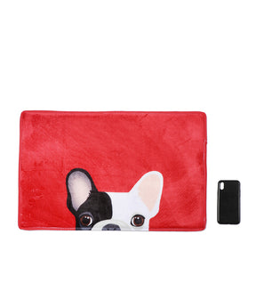 Red French Bulldog Color Mat next to cellphone for size comparison
