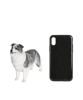 Handmade Border Collie Statue 1:6 next to phone for size comparison of 1:6 SIZE