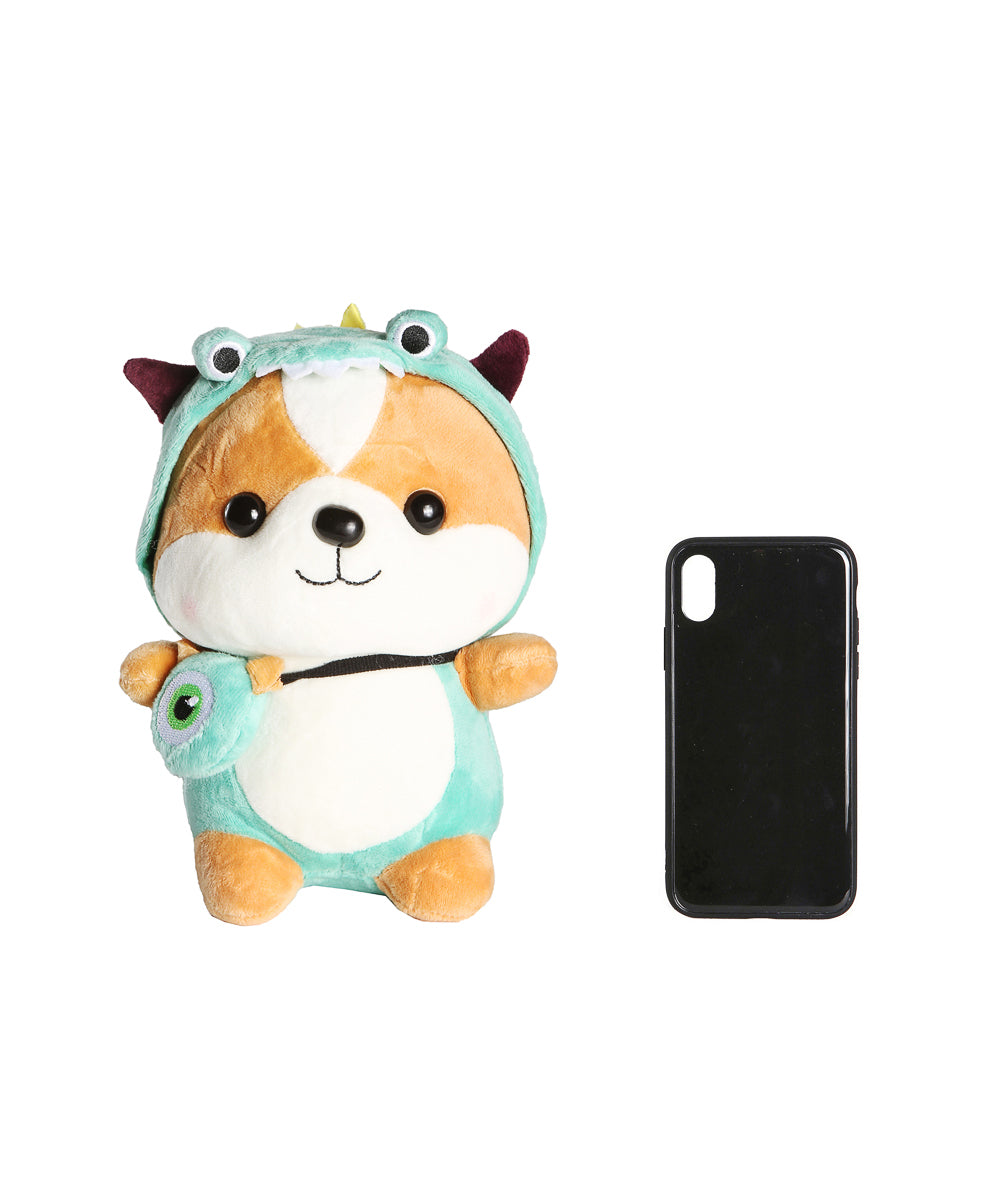 Corgi in green monster Costume Plushy size comparison with cell phone
