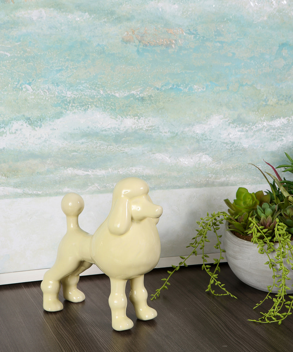 Yellow Standing Poodle Ceramic Pet Statue Next To Plant