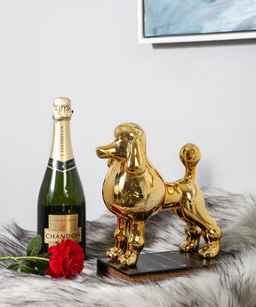 Golden Standing Poodle Ceramic Pet Statue On Soft Rug