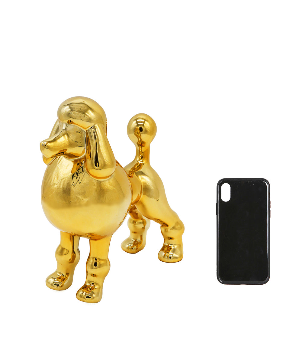 Golden Standing Poodle Ceramic Pet Statue Next To Cellphone For Size Comparison