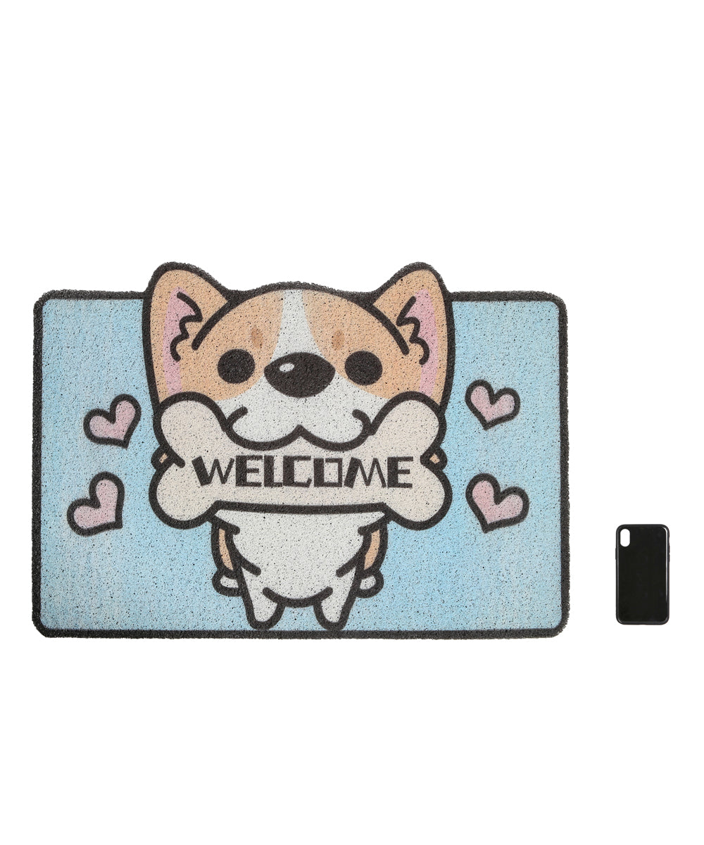 Blue Welcome Home Corgi Non-slip Outdoor Doormat Next To Cell Phone For Size Comparison