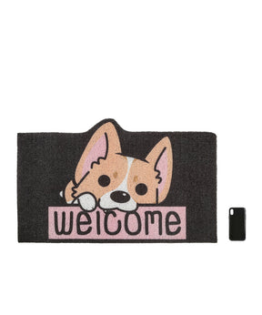 Black and Pink Welcome Home Corgi Non-slip Outdoor Doormat Next To Cell Phone For Size Comparison