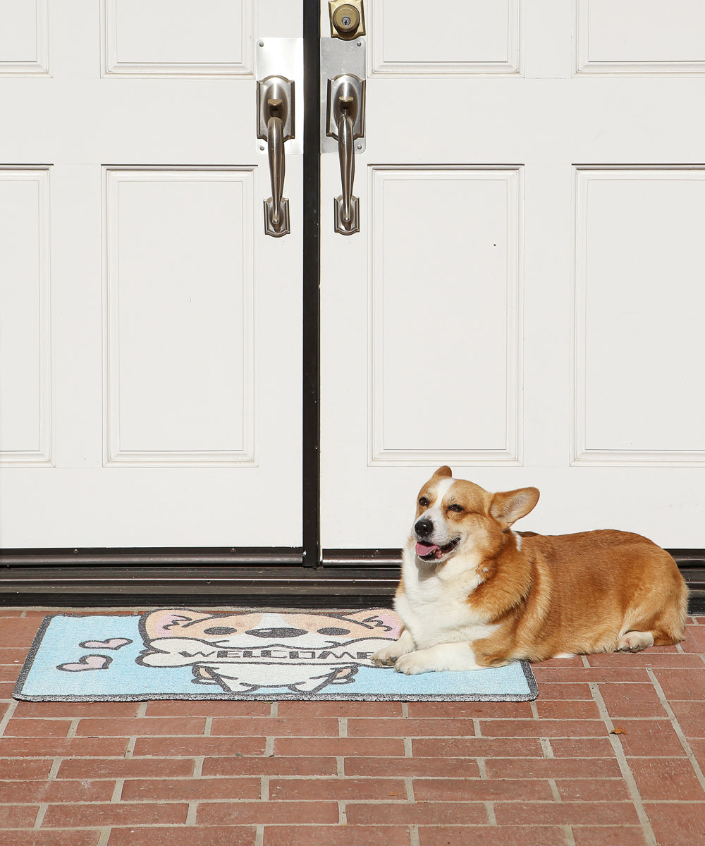 Blue Welcome Home Corgi Non-slip Outdoor Doormat With Corgi Laying On It Outside Of Front Door