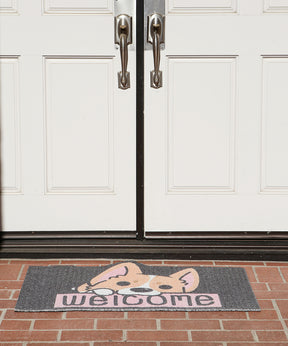 Black and Pink Welcome Home Corgi Non-slip Outdoor Doormat In Front Of Front Door